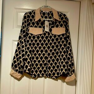 NWT Mooya Paris Size Large Black/Beige Graphic Print Long Sleeve Button-Up Shirt